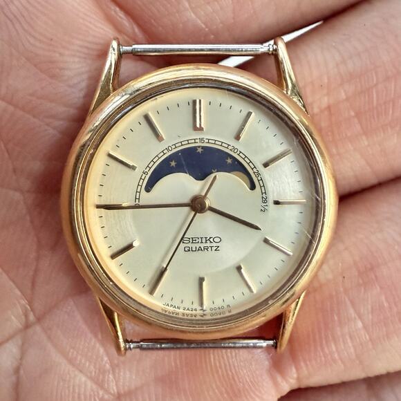 Seiko Moonphase Watch Women's 24mm Champagne Dial Gold Tone 2A24-0048 - Untested - Picture 1 of 9